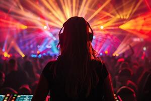 vrouw dj Aan een groot enthousiast spelen voor een groot menigte van partij mensen, ravers dansen, groot laser tonen foto