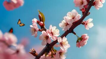 takken van bloeiende kers Aan een achtergrond van blauw lucht en vlinders. roze sakura bloemen in lente. . foto