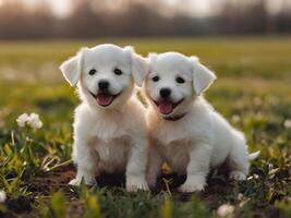 twee gouden retriever puppy's buiten in de park Aan de gras . foto