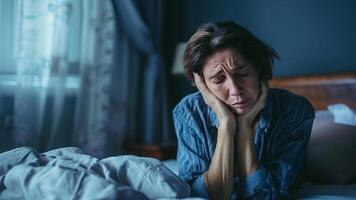 verdrietig en depressief Aziatisch vrouw zittend alleen in bed Bij nacht lijden depressie en ongerustheid gevoel ten einde raad en ten einde raad lijden pijn in mentaal Gezondheid concept foto