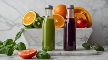 ontgiften cocktail, smoothie voor gewicht verlies gemaakt van fruit en groenten tegen een wit keuken achtergrond foto