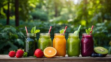 ontgiften cocktail, smoothie voor gewicht verlies van fruit en groenten tegen de backdrop van natuur foto