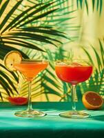 wijnoogst cocktails drinken met tropisch bladeren achtergrond. retro stijl poster foto