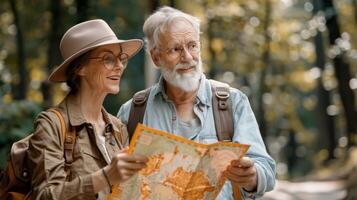 senior paar toerist met kaart. ederly familie wandelen in Woud. wandelen foto