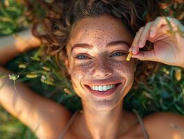 detailopname portret van gelukkig jong vrouw met vitamine pil aan het liegen Aan de weide gras. Gezondheid levensstijl, huidsverzorging foto