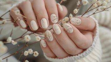 mooi dames handen met bloemen elegant manicure met bloesem bloemen. voorjaar nagels desigh foto