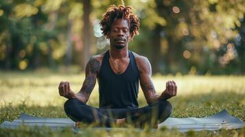 middelbare leeftijd Afrikaanse Amerikaans Mens beoefenen yoga buitenshuis. meditatie in de park, Verbinden met natuur. mentaal Gezondheid foto