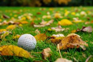 een golf bal rust Aan een levendig groen veld, klaar voor Speel. foto