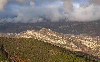 voorjaar in de bergen, mooi berg landschap. visie van de berg reeks en groen bomen. zomer, herfst en winter. budva, Montenegro. Europa. achtergrond. voor tekst. spandoek. verticaal foto