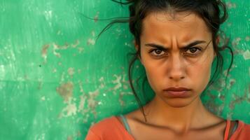 boos vrouw in voorkant van de groen muur. portret van jong woedend vrouw, kopiëren ruimte. woede concept. foto
