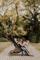 jong vrouw met schattig baby meisje in baby wandelwagen Bij de herfst park foto