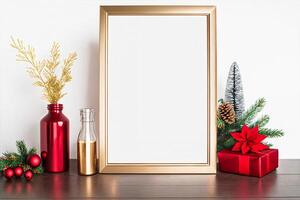 Kerstmis goud kader mockup met rood vaas en doos foto