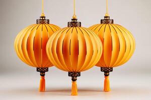 drie geel China lantaarns Aan wit achtergrond foto