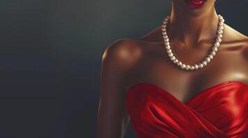 een elegant vrouw opnieuw gedefinieerd in stralend rood en lichtgevend parels foto