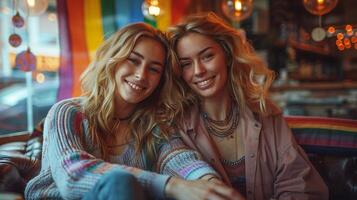 twee Aziatisch Dames gebruik makend van laptop computer Bij koffie winkel. lgbt concept. foto