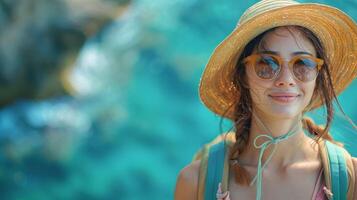 portret van mooi Aziatisch vrouw vervelend rietje hoed en zonnebril klaar naar reis, reizen concept foto