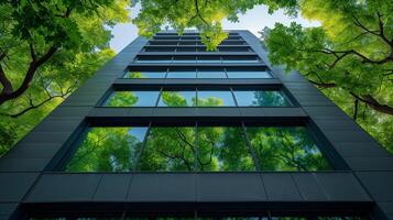 reflectie van groen bomen in de ramen van een modern kantoor gebouw, milieuvriendelijk concept. foto