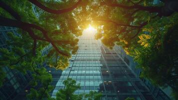 reflectie van groen bomen in de ramen van een modern kantoor gebouw, milieuvriendelijk concept. foto