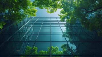 reflectie van groen bomen in de ramen van een modern kantoor gebouw, milieuvriendelijk concept. foto