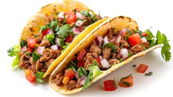 taco's met vlees en groenten geïsoleerd Aan wit achtergrond Mexicaans voedsel stijl foto