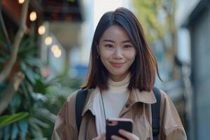 portret van zelfverzekerd jong Aziatisch vrouw Holding mobiel telefoon met glimlachen gezicht foto