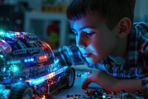 jongen bouwt LED robot voor school- robotica club project. foto