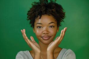 portret van jong vrouw tonen klein gebaar uitdrukken emoties. foto