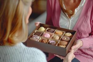 moeders dag geschenk chocolaatjes koekjes liefde genegenheid fuchsia trui. foto