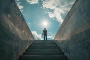 zakenman beklimming trap naar sleutelgat in beton muur. foto