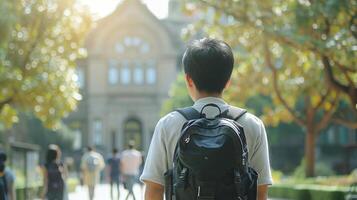 Aziatisch leerling met een rugzak wandelen in Universiteit campus. terug visie van jong Mens. concept van Internationale opleiding, leerling diversiteit, nieuw begin, en cultureel integratie. kopiëren ruimte foto