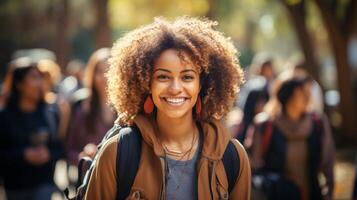 Afrikaanse Amerikaans vrouw leerling vluchteling met een rugzak Bij een Universiteit campus. jong vrouw. concept van academisch aspiraties, nieuw begin, immigrant opleiding, vluchteling integratie, verscheidenheid foto