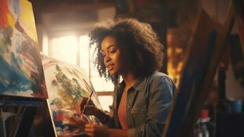 jong Afrikaanse Amerikaans vrouw artiest schilderij Aan canvas in een kunst studio. concept van artistiek talent, prima kunst, creatief werkwijze, olie schilderen, en cultureel verscheidenheid foto