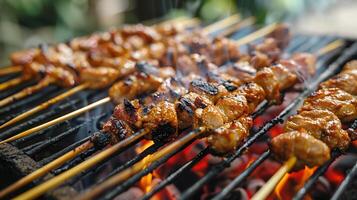 dichtbij omhoog van saté Aan barbecue foto