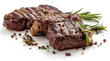 gegrild rundvlees steaks met specerijen geïsoleerd Aan wit achtergrond foto