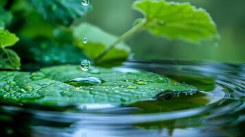 water valt van groen blad naar water , foto