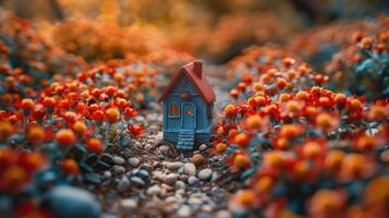 klein blauw huis in veld- van bloemen foto