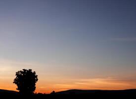 spectaculair zonsondergang over, oranje zon stijgende lijn omhoog over- de horizon foto