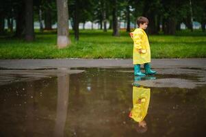 weinig jongen spelen in regenachtig zomer park. kind met paraplu, waterbestendig jas en laarzen jumping in plas en modder in de regen. kind wandelen in zomer regen buitenshuis pret door ieder het weer. gelukkig jeugd. foto