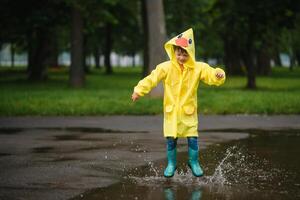 weinig jongen spelen in regenachtig zomer park. kind met paraplu, waterbestendig jas en laarzen jumping in plas en modder in de regen. kind wandelen in zomer regen buitenshuis pret door ieder het weer. gelukkig jeugd. foto