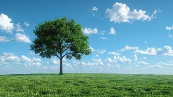 een single boom staat hoog in een weelderig groen veld- onder een Doorzichtig blauw lucht foto