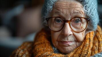 een ouderen vrouw vervelend bril en een sjaal foto