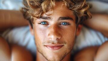 gedetailleerd visie van een mans gezicht tonen opvallend blauw ogen foto