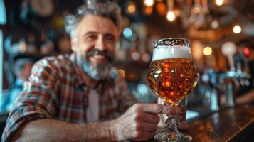een Mens staand Bij een bar, Holding een glas van bier foto