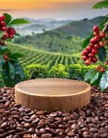 leeg hout podium omringd door koffie bonen met koffie fabriek met rood fruit foto