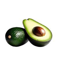 vers avocado fruit. geheel fruit en voor de helft van een rijp avocado geïsoleerd. gezond eetpatroon. vegetarisch voedsel foto