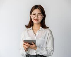 beeld van jong Aziatisch leraar vrouw in bril Holding tablet en op zoek professioneel in bril wit achtergrond foto