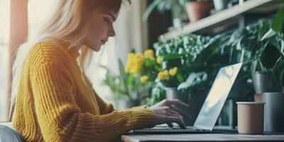 een jong vrouw in een modieus trui werken Bij een laptop tegen de achtergrond van binnen- planten foto