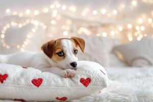 een schattig puppy leugens Aan een wit hoofdkussen met rood harten. huisdier zorg concept foto