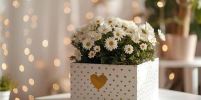 boeket van wit madeliefjes in een mooi wit plein pot met goud harten Aan een licht achtergrond foto