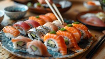 listig sushi selectie met eetstokjes foto